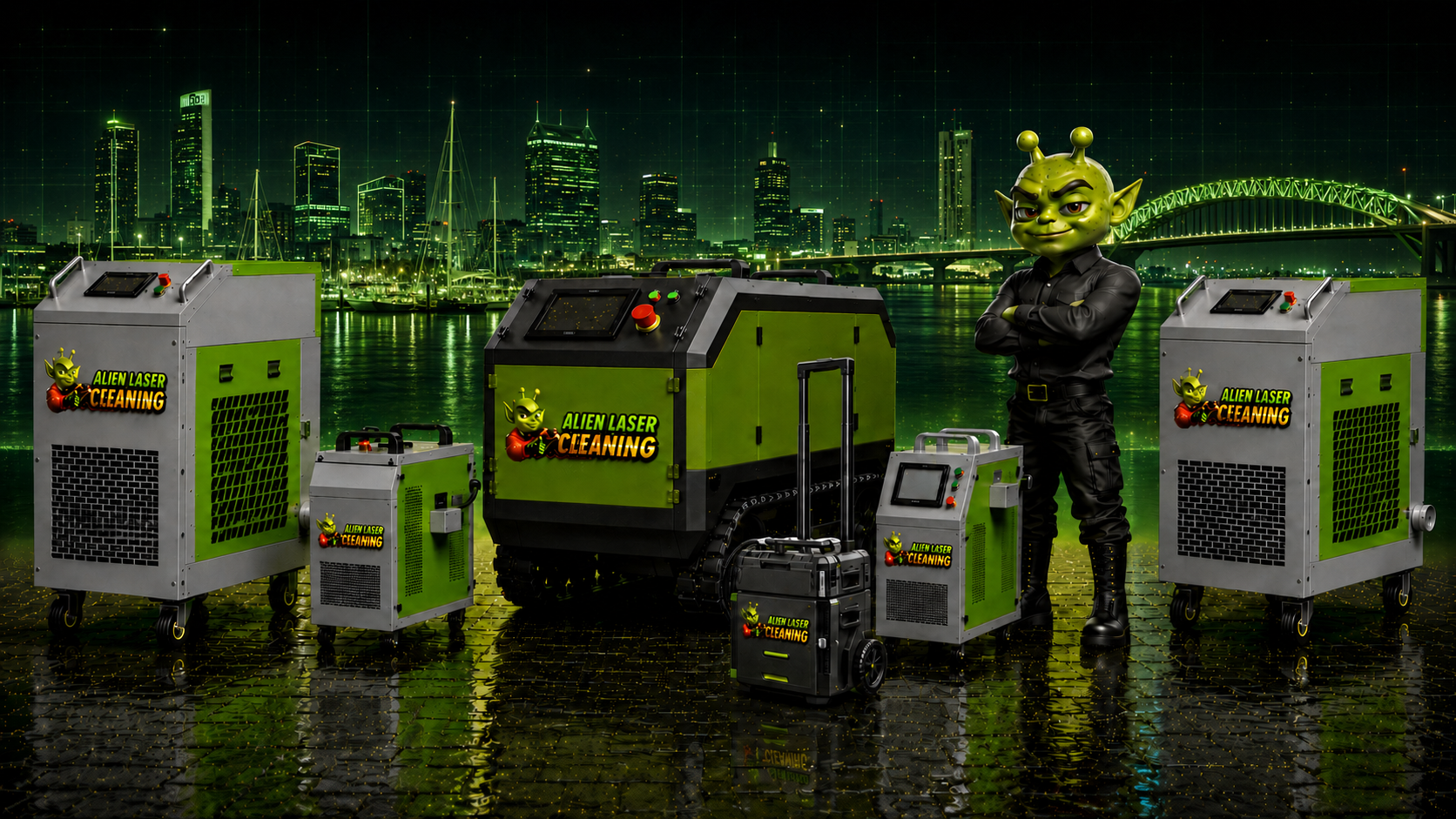 Laser cleaning machines and the Alien Laser Cleaning mascot in front of a futuristic Corpus Christi skyline